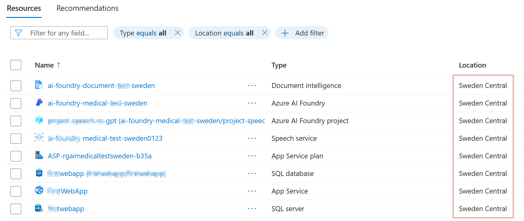 Screenshot Azure-Ressourcen in Sweden Central